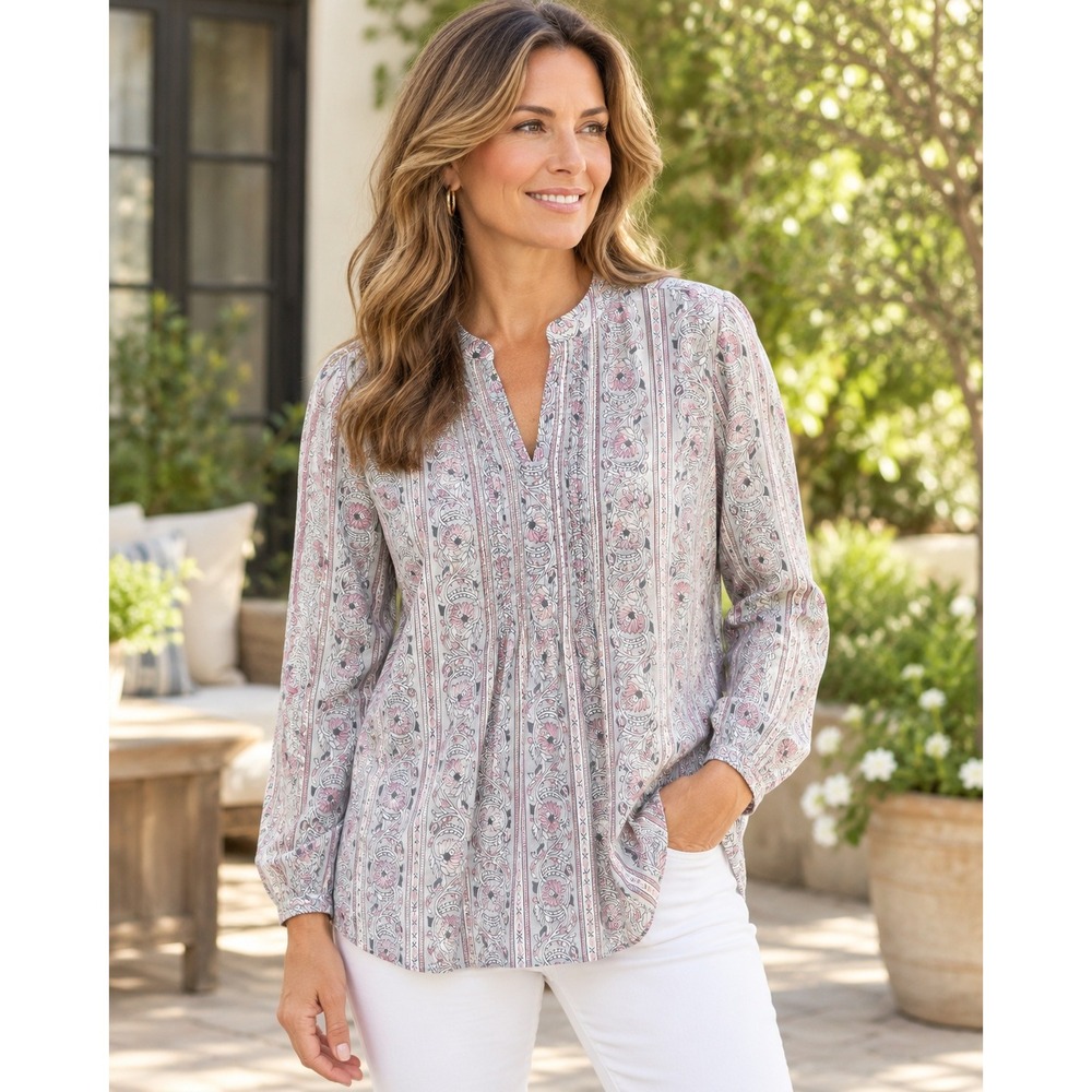 Pure Jill J.Jill Womens Medium Organic Cotton Floral Stripe Tunic Blouse Boho